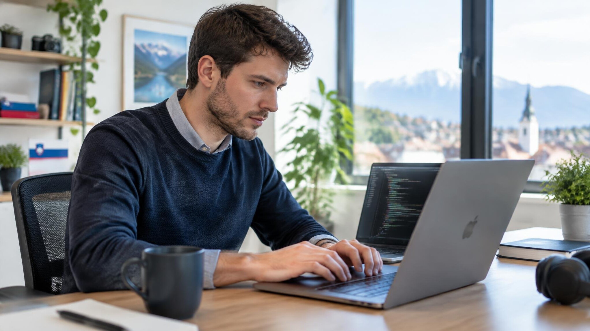 Young programmer working on laptop with code on screen